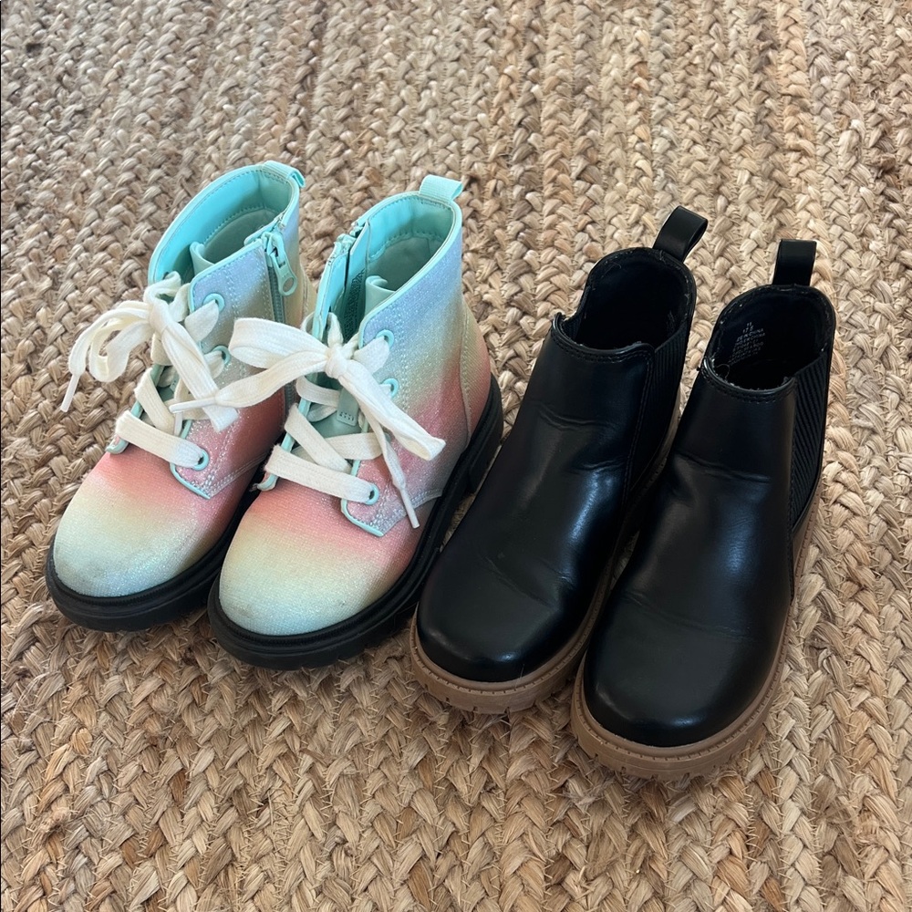 Girls size 11 Glitter Lace-Up Boots with and Black Slip-On Boots EUC